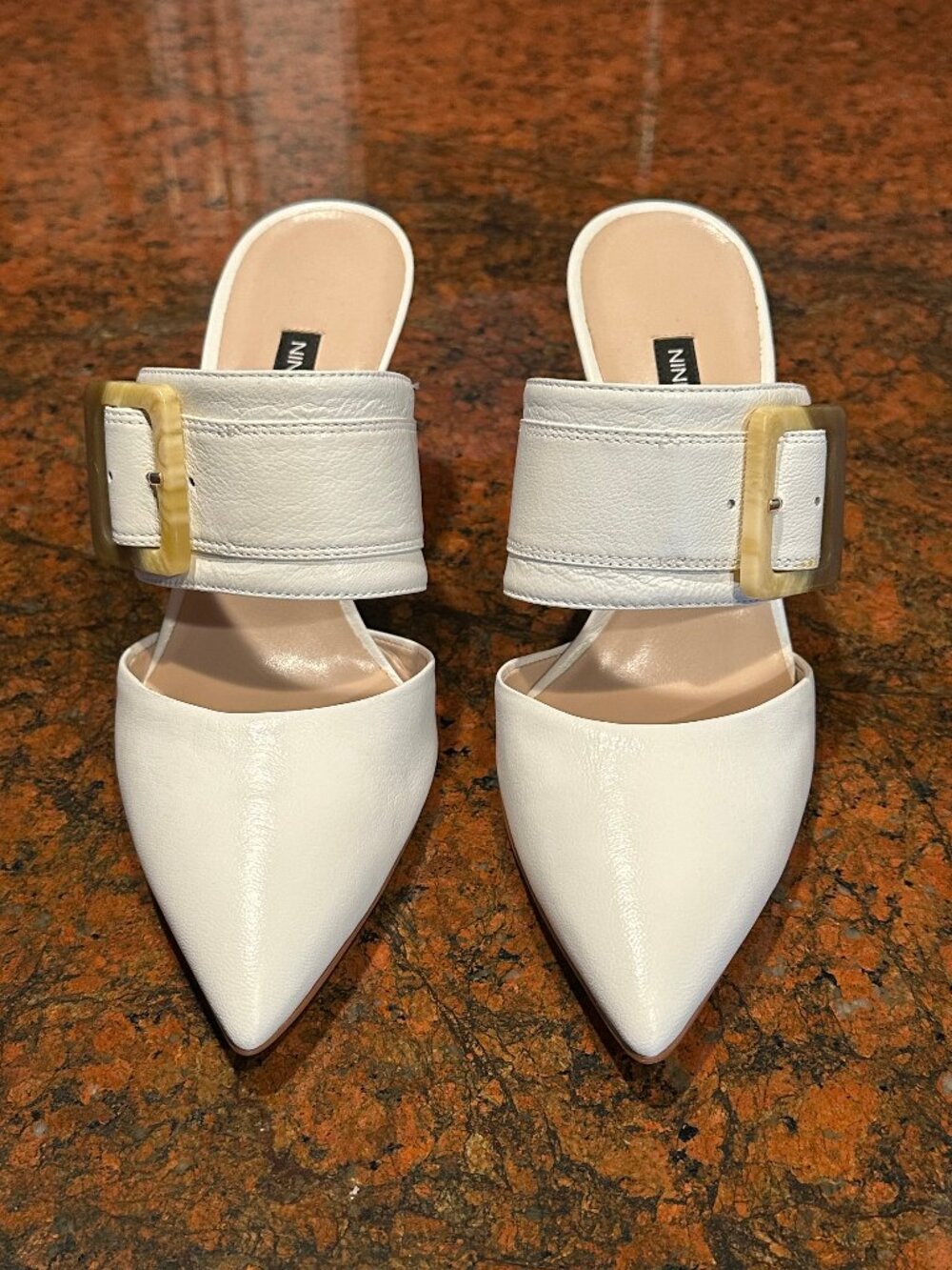 Nine West White Pointed Leather Slide Heels with Beige Buckles